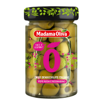 Консервированные оливки Madama Oliva без косточек c розовым перцем и розмарином